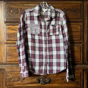 Miss Me Sequin Detailed Red and Blue Plaid Button Down Shirt